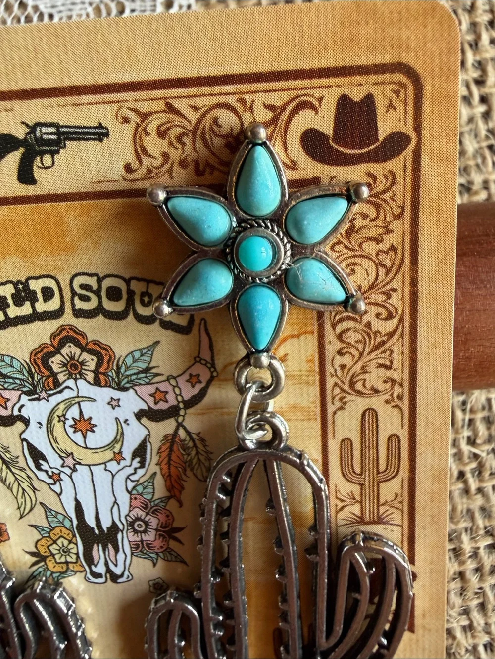 NEW Turquoise Open Cactus Statement Earrings • Western Cowgirl Southwestern